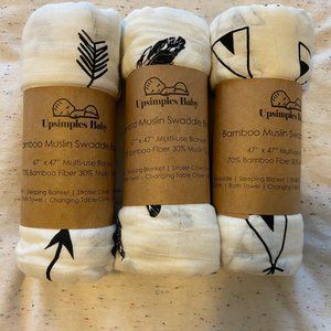 Upsimples Bamboo Muslin Baby Swaddle Blankets 3 Pk Throw Wrap Soft White & Black
